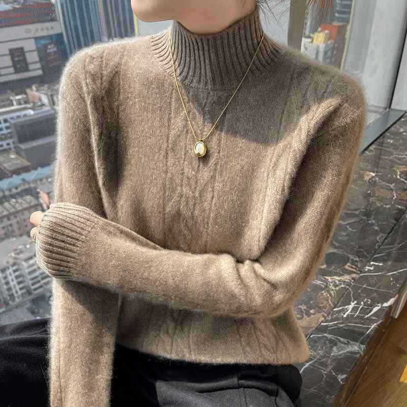 春 コーデ レディース ファッション オシャレ カワイイ シンプル きれいめ ナチュラル 上品カジュアル 婦人服 ハーフ タートルネック ウール セーター ツイスト プルオーバー ニット シャツ トップス