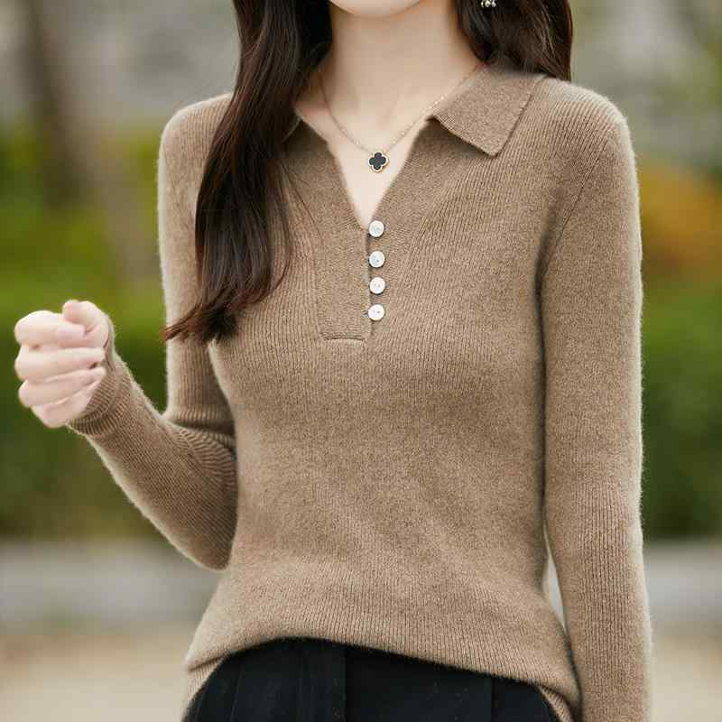 春 コーデ レディース 流行り物 オシャレ カワイイ   分かりやすい 好いたらしいめ 自然的 雅びやか心地よい お上さん服 ポロ襟 羊毛 スウェーター ティーシャツ か細い 肌付き 度合い 防寒 軍事基地