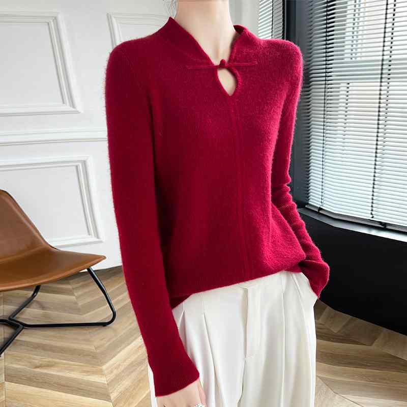春 コーデ レディース ファッション オシャレ カワイイ シンプル きれいめ ナチュラル 上品カジュアル 婦人服 チャイナ 襟 ウール セーター エスニック プルオーバー ニット シャツ トップス |リコット