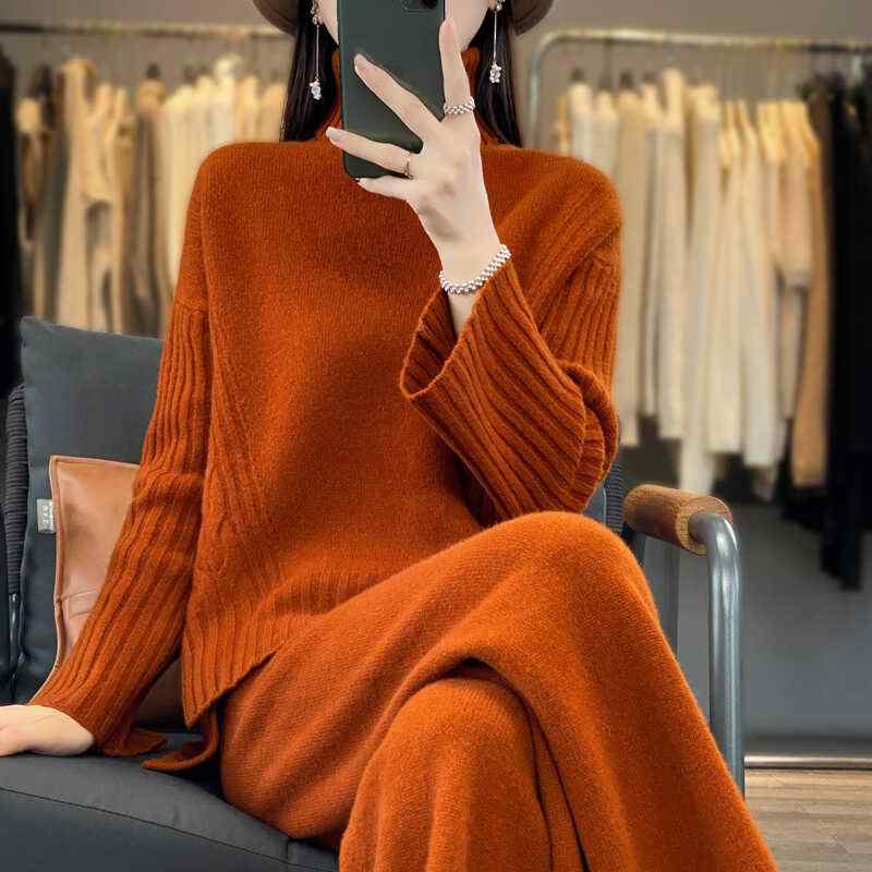 春 コーデ レディース ファッション オシャレ カワイイ シンプル きれいめ ナチュラル 上品カジュアル 婦人服 ハイエンド ウール スーツ タートルネック セーター ワイドレッグ パンツ
