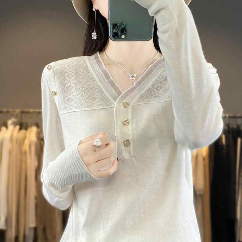 春 コーデ レディース ファッション オシャレ カワイイ シンプル きれいめ ナチュラル 上品カジュアル 婦人服 レースエッジ Vネック ウール セーター 薄手 スリム ニット トップス シャツ ｜リコット