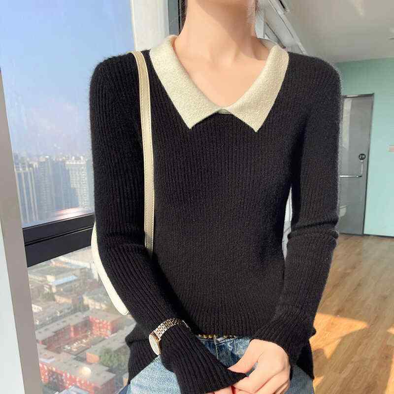 春 コーデ レディース ファッション オシャレ カワイイ シンプル きれいめ ナチュラル 上品カジュアル 婦人服 フレンチ ホワイト ポロカラー ウール セーター スリムフィット インナー トップス ニット シャツ ｜リコット
