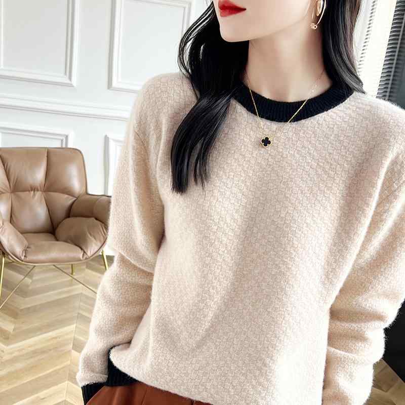 春 コーデ レディース ファッション オシャレ カワイイ シンプル きれいめ ナチュラル 上品カジュアル 婦人服 カラー ブロック ラウンド プルオーバー セーター ウール ニット シャツ トップス