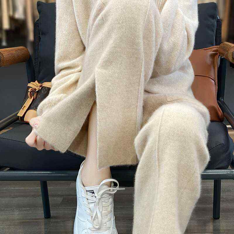 春 コーデ レディース ファッション オシャレ カワイイ シンプル きれいめ ナチュラル 上品カジュアル 婦人服 ウール ニット ワイドレッグ パンツ ハイウエスト ストレート フロア レングス