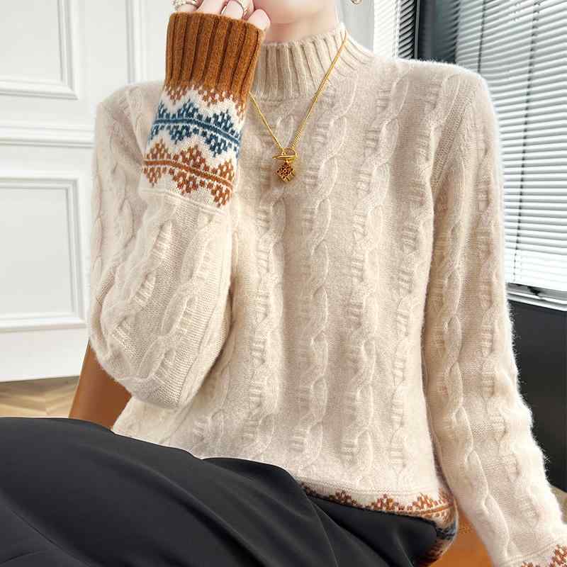 春 コーデ レディース ファッション オシャレ カワイイ シンプル きれいめ ナチュラル 上品カジュアル 婦人服 クラシック ハーフ タートルネック プルオーバー ツイスト セーター ウール ニット 厚手 |リコット