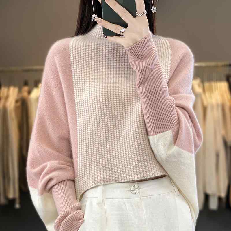 春 コーデ レディース ファッション オシャレ カワイイ シンプル きれいめ ナチュラル 上品カジュアル 婦人服 ハーフ タートルネック ウール セーター ストール アウターウェア プルオーバー ケープ カラー ブロック ニット ｜リコット