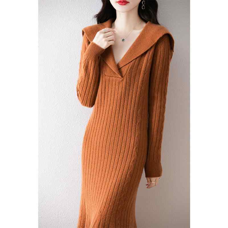 春 コーデ レディース ファッション オシャレ カワイイ シンプル きれいめ ナチュラル 上品カジュアル 婦人服 ネイビーカラー ウール ニット ドレス スリムフィット ミドル丈 セーター フィッシュテール スカート