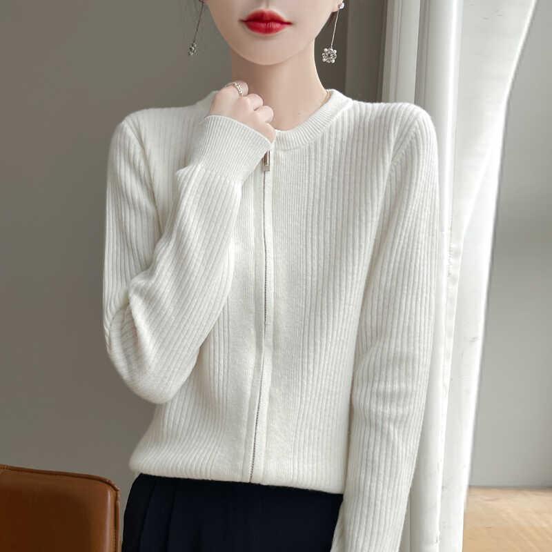 春 コーデ レディース ファッション オシャレ カワイイ シンプル きれいめ ナチュラル 上品カジュアル 婦人服 ラウンドネック ジッパー ウールカーディガン スリム ニット ジャケット セーター アウタートップス