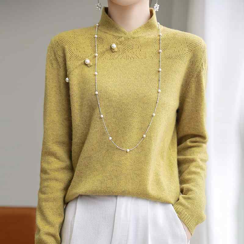 春 コーデ レディース ファッション オシャレ カワイイ シンプル きれいめ ナチュラル 上品カジュアル 婦人服 エスニック スタンドカラー ウール セーター クラシック プルオーバー ニット レイヤリング シャツ トップス |リコット