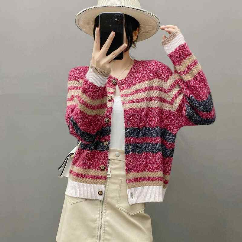 春 コーデ レディース ファッション オシャレ カワイイ シンプル きれいめ ナチュラル 上品カジュアル 婦人服 ストライプ ニット カーディガン セーター ジャケット カーディガン ｜リコット
