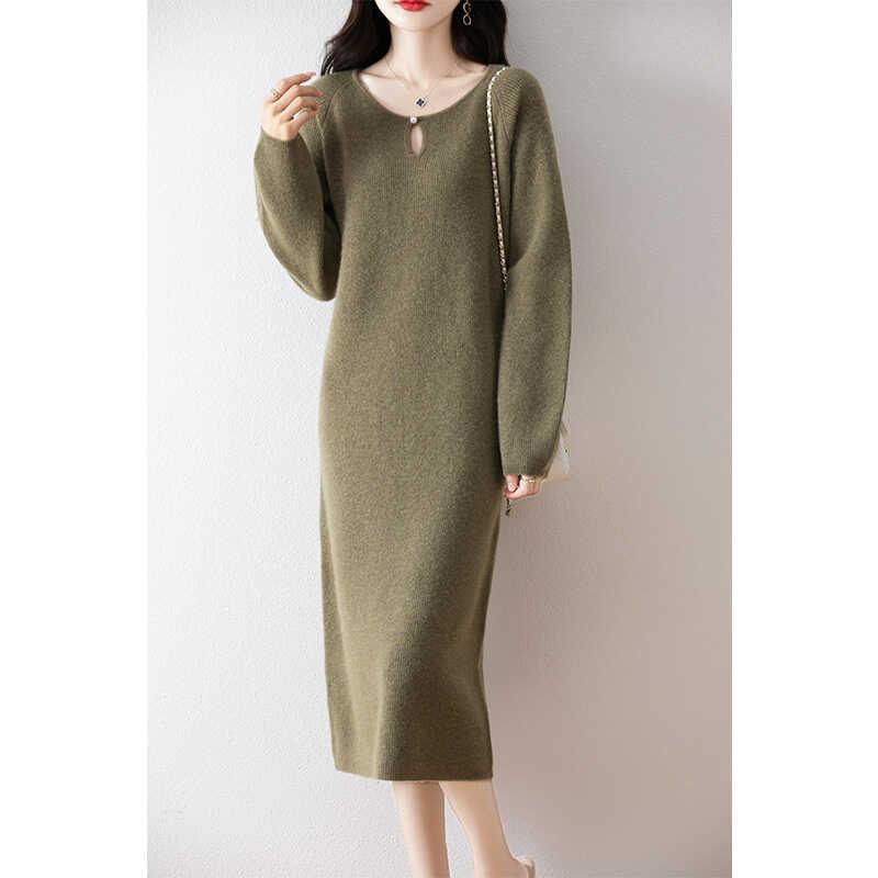 春 コーデ レディース ファッション オシャレ カワイイ シンプル きれいめ ナチュラル 上品カジュアル 婦人服 ウール スカート ミドル丈 ニット ドレス ラウンドネック セーター ロング