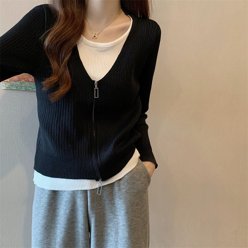 春 コーデ レディース 流行り物 オシャレ カワイイ   分かりやすい 好いたらしいめ 自然的 窈窕たる心地好い 成人女性服 V素っ首 まがい物 背広 スウェーター 長袖 トップス プルオーバー