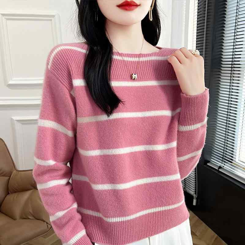 春 コーデ レディース ファッション オシャレ カワイイ シンプル きれいめ ナチュラル 上品カジュアル 婦人服 ラウンドネック ストライプ ウール セーター プルオーバー ニット シャツ |リコット