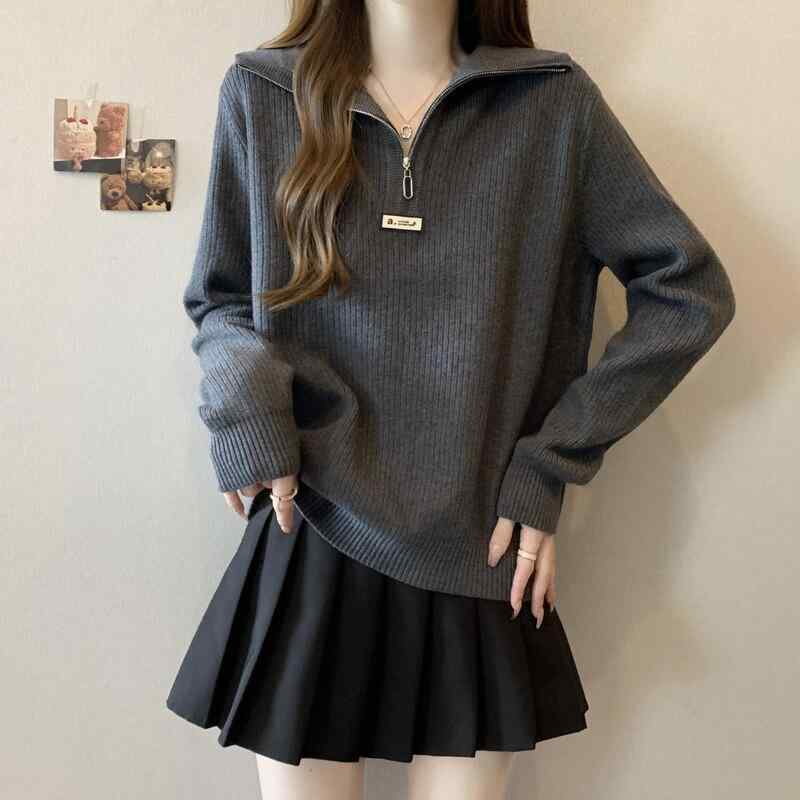 大きいサイズ ハーフ ジッパー 長袖 セーター レディース ゆったり ボトムス ストップ トップス ニット