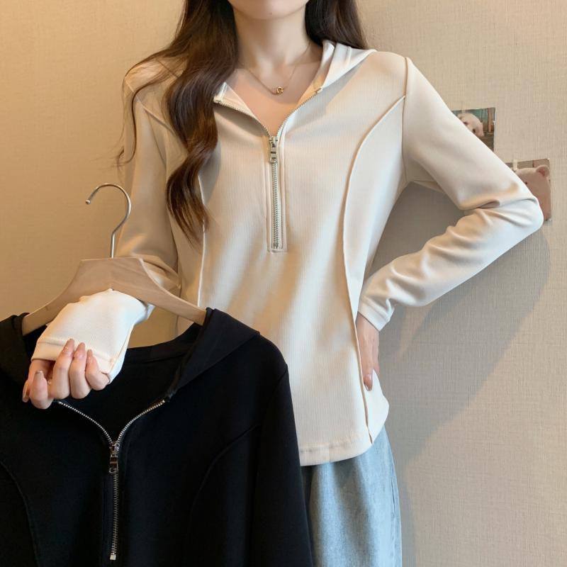フード付き ハーフ ジップ 長袖 スウェットシャツ 婦人服 レディース スリムフィット 快適 トップス