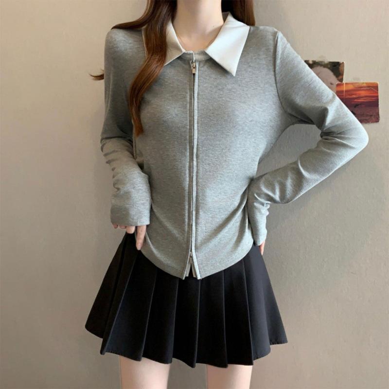 ポロ カラー ダブル ジッパー オフショルダー 長袖 シャツ 婦人服 レディース スリムフィット トップス シャツ