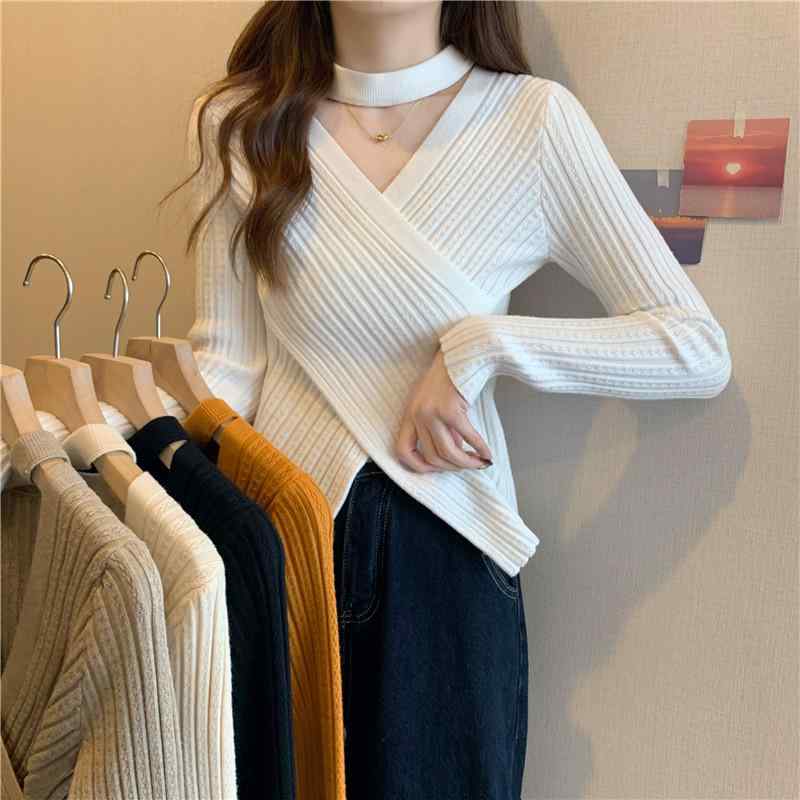 春 コーデ レディース 流行り物 オシャレ カワイイ   分かりやすい 好いたらしいめ 自然的 雅びやか心地よい お上さん服 白いこと 差し交わす Vのど首 羊毛 スウェーター か細い填まる ホルターネック