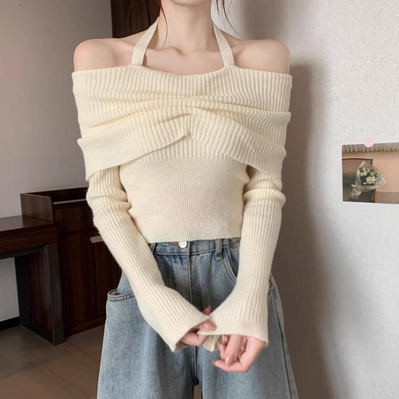 春 コーデ レディース 流行り物 オシャレ カワイイ   分かりやすい 好いたらしいめ 自然的 窈窕たる心地好い 成人女性服 フレンチ ホルターネック か細い ホンブルグ帽 スウェーター トップス