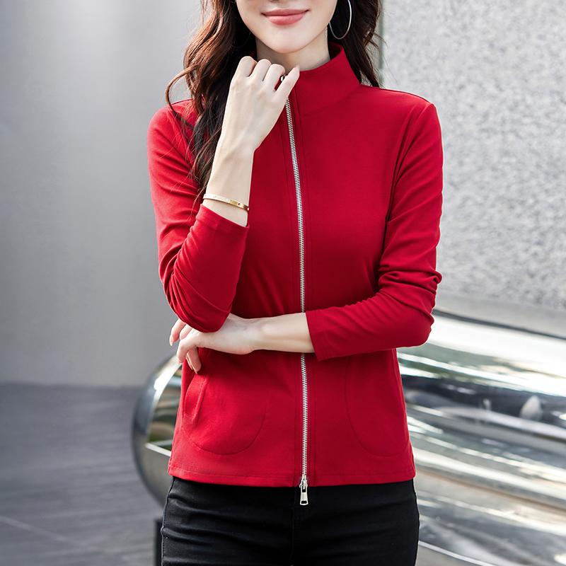 春 コーデ レディース ファッション オシャレ カワイイ シンプル きれいめ ナチュラル 上品カジュアル 婦人服 長袖 Tシャツ ジッパー カーディガン ジャケット コットン スリム フィット ダブル トップス