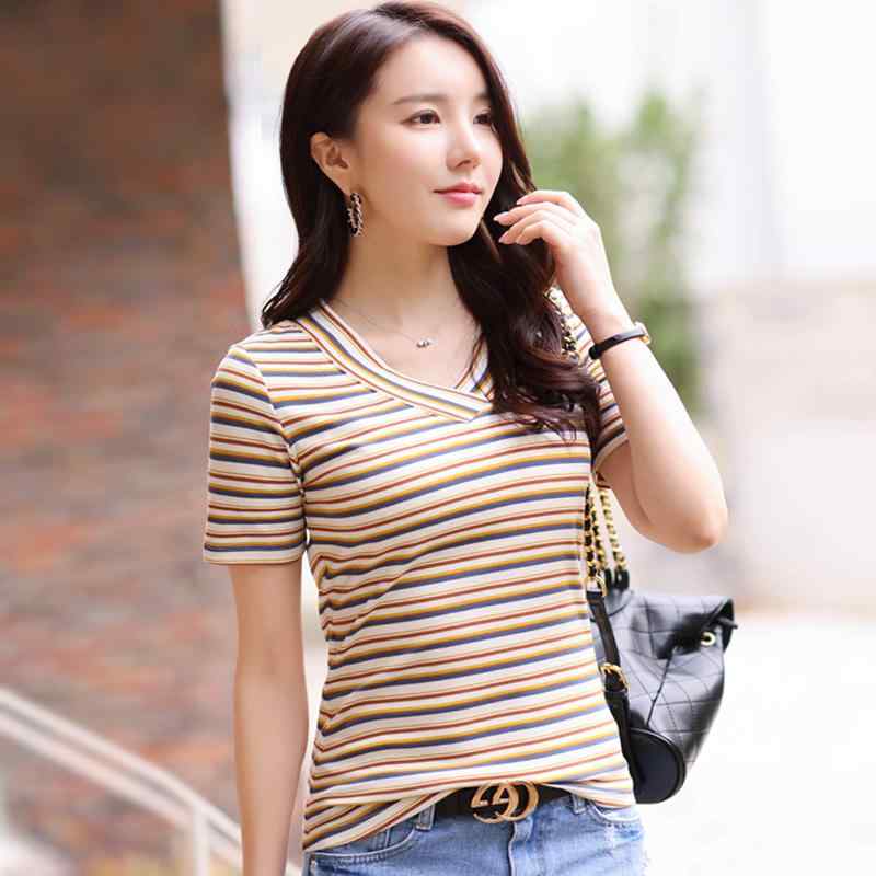 春 コーデ レディース ファッション オシャレ カワイイ シンプル きれいめ ナチュラル 上品カジュアル 婦人服 ストライプ Tシャツ 夏 カラフル スリム 半袖 トップス