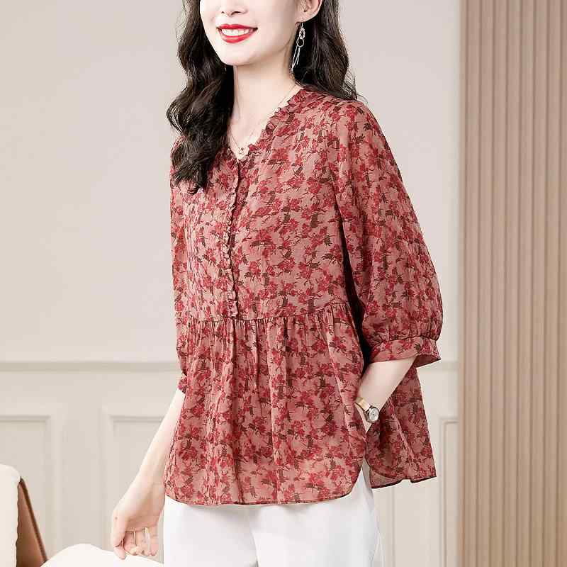 春 コーデ レディース ファッション オシャレ カワイイ シンプル きれいめ ナチュラル 上品カジュアル 婦人服 スリム 花柄 シャツ 夏 七分袖 シフォン |リコット