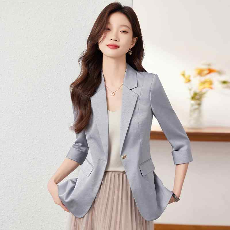 春 コーデ レディース ファッション オシャレ カワイイ シンプル きれいめ ナチュラル 上品カジュアル 婦人服 アセテート サテン スーツ ジャケット 夏 サイズ カジュアル ハイエンド トップス