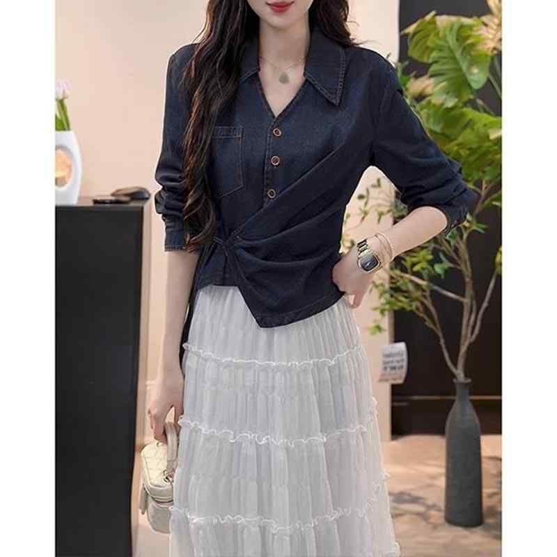 春 コーデ レディース ファッション オシャレ カワイイ シンプル きれいめ ナチュラル 上品カジュアル 婦人服 ブルー プレート バンド 長袖 デニム シャツ クラシック カジュアル トップス