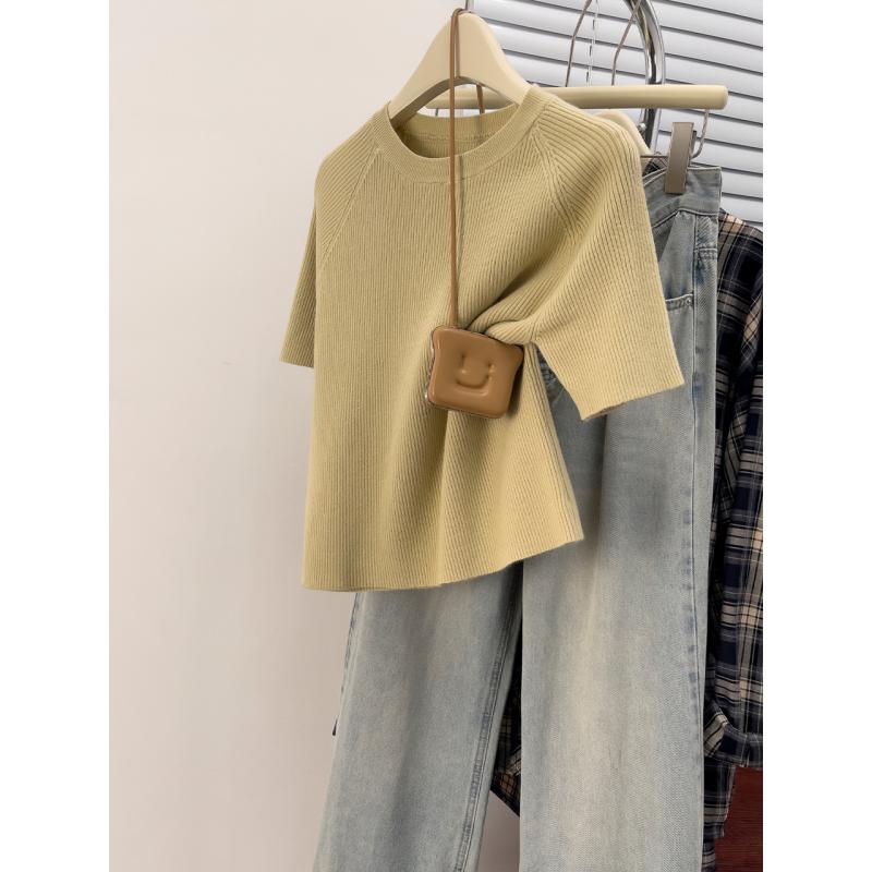 春 コーデ レディース ファッション オシャレ カワイイ シンプル きれいめ ナチュラル 上品カジュアル 婦人服 無地 ラウンドネック Tシャツ 夏 シンプル ハイエンド フレンチ 薄手 ニット トップス