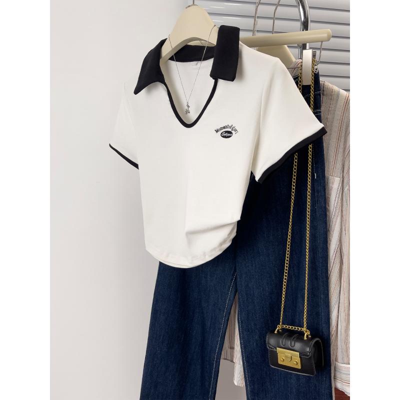 春 コーデ レディース ファッション オシャレ カワイイ シンプル きれいめ ナチュラル 上品カジュアル 婦人服 ホワイト 半袖 Tシャツ 夏 ポロシャツ カラーマッチング トップス