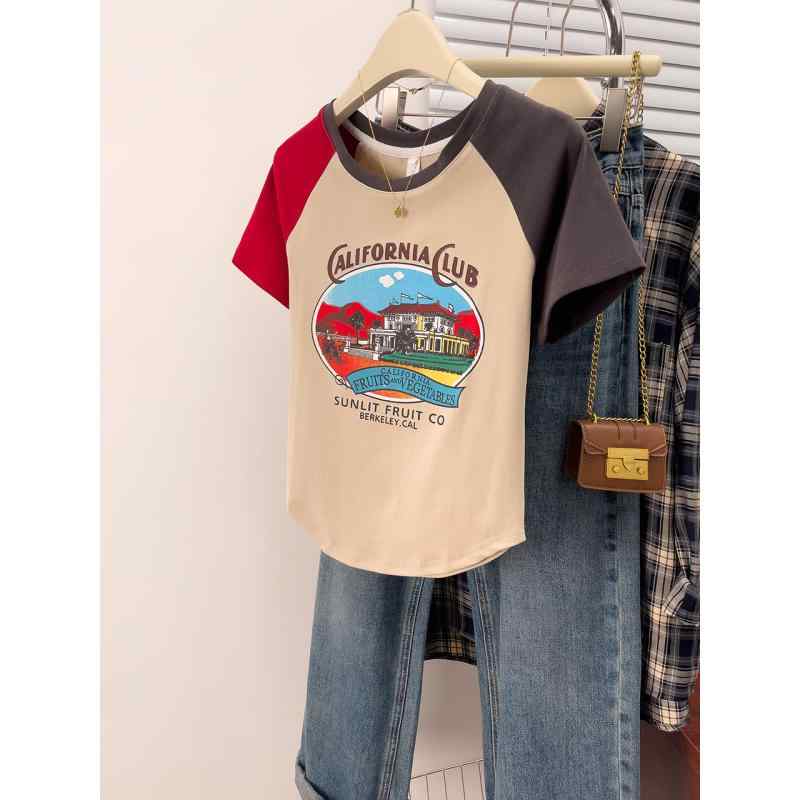 春 コーデ レディース ファッション オシャレ カワイイ シンプル きれいめ ナチュラル 上品カジュアル 婦人服 レター プリント カラー 半袖 Tシャツ 夏 スリム アメリカン クラシック トップス