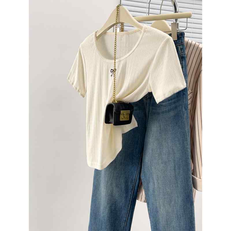 春 コーデ レディース ファッション オシャレ カワイイ シンプル きれいめ ナチュラル 上品カジュアル 婦人服 アプリコット レース 半袖 Tシャツ 夏 リボン シンプル トップス