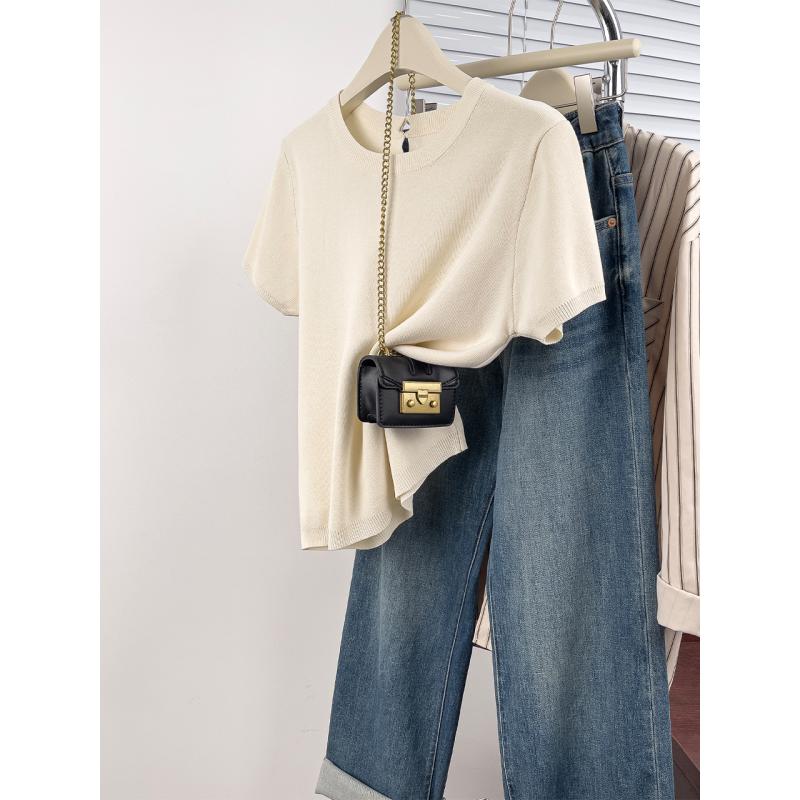春 コーデ レディース ファッション オシャレ カワイイ シンプル きれいめ ナチュラル 上品カジュアル 婦人服 アプリコット ラウンドネック 半袖 Tシャツ 夏 薄手 ニット トップス