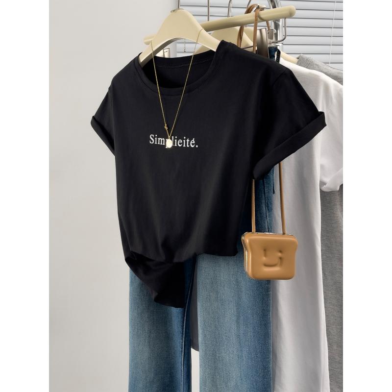 春 コーデ レディース ファッション オシャレ カワイイ シンプル きれいめ ナチュラル 上品カジュアル 婦人服 黒 半袖 Tシャツ 夏 レター プリント コットン トップス