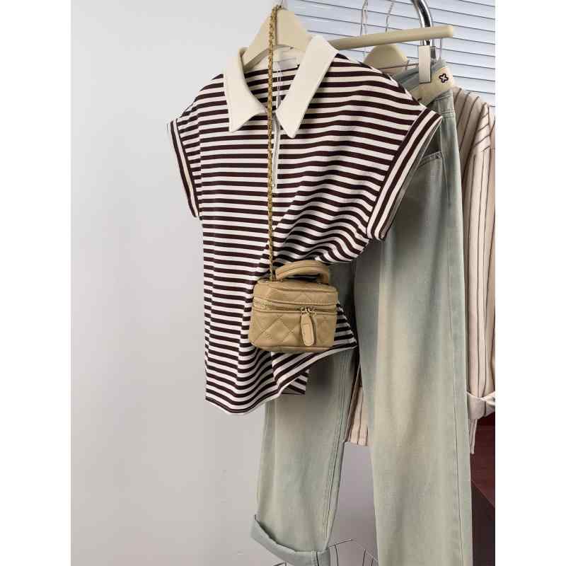 春 コーデ レディース ファッション オシャレ カワイイ シンプル きれいめ ナチュラル 上品カジュアル 婦人服 ポロカラー ストライプ ジッパー 半袖 Tシャツ 夏 フライング スリーブ トップス