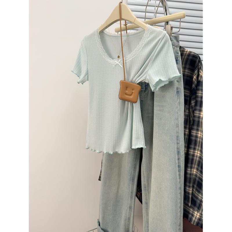 春 コーデ レディース ファッション オシャレ カワイイ シンプル きれいめ ナチュラル 上品カジュアル 婦人服 レース 半袖 Tシャツ 夏 スリムフィット フレンチ風 スタイル ハイエンド トップス