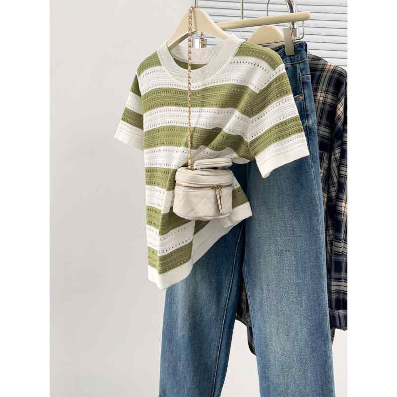 春 コーデ レディース ファッション オシャレ カワイイ シンプル きれいめ ナチュラル 上品カジュアル 婦人服 コントラスト ストライプ 半袖 Tシャツ 夏 セーター 薄手 トップス