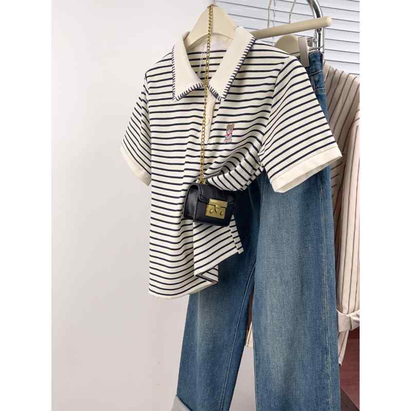 春 コーデ レディース ファッション オシャレ カワイイ シンプル きれいめ ナチュラル 上品カジュアル 婦人服 ストライプ ポロカラー 半袖 Tシャツ 夏 クマ アメリカン クラシック ショルダー トップス