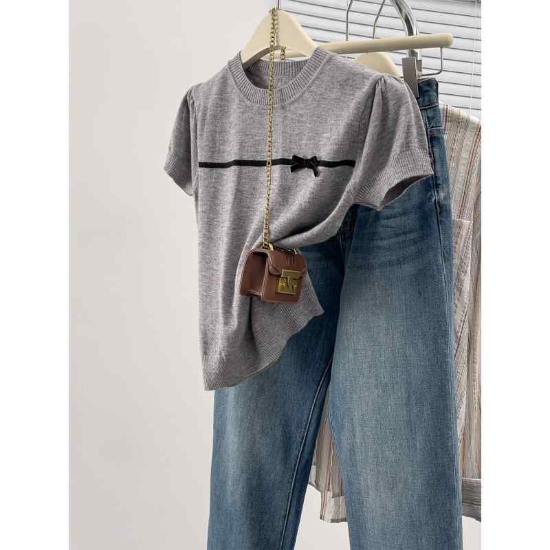 春 コーデ レディース ファッション オシャレ カワイイ シンプル きれいめ ナチュラル 上品カジュアル 婦人服 グレー 半袖 Tシャツ 夏 薄手 ニット トップス