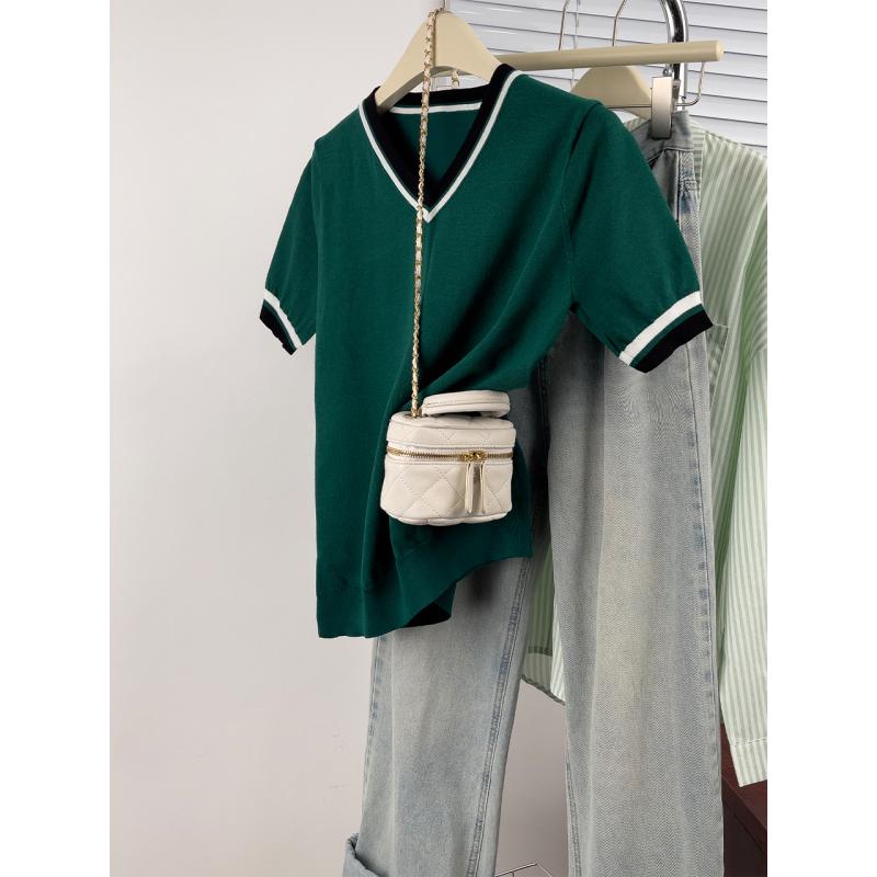 春 コーデ レディース ファッション オシャレ カワイイ シンプル きれいめ ナチュラル 上品カジュアル 婦人服 Vネック 半袖 Tシャツ 夏 薄手 ニット カジュアル トップス