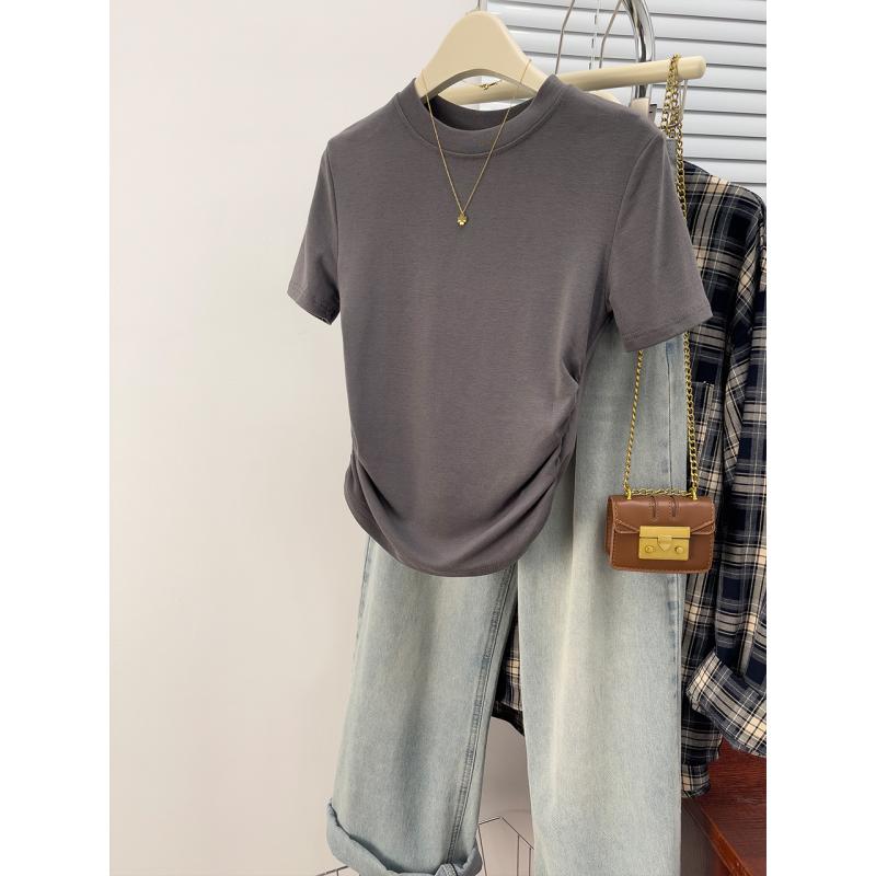 春 コーデ レディース ファッション オシャレ カワイイ シンプル きれいめ ナチュラル 上品カジュアル 婦人服 グレー 半袖 Tシャツ 夏 スリムフィット ハイエンド フレンチ プリーツ トップス