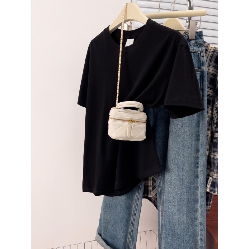 春 コーデ レディース ファッション オシャレ カワイイ シンプル きれいめ ナチュラル 上品カジュアル 婦人服 黒 ラウンドネック 半袖 Tシャツ 夏 ゆったり カジュアル ベーシック トップス