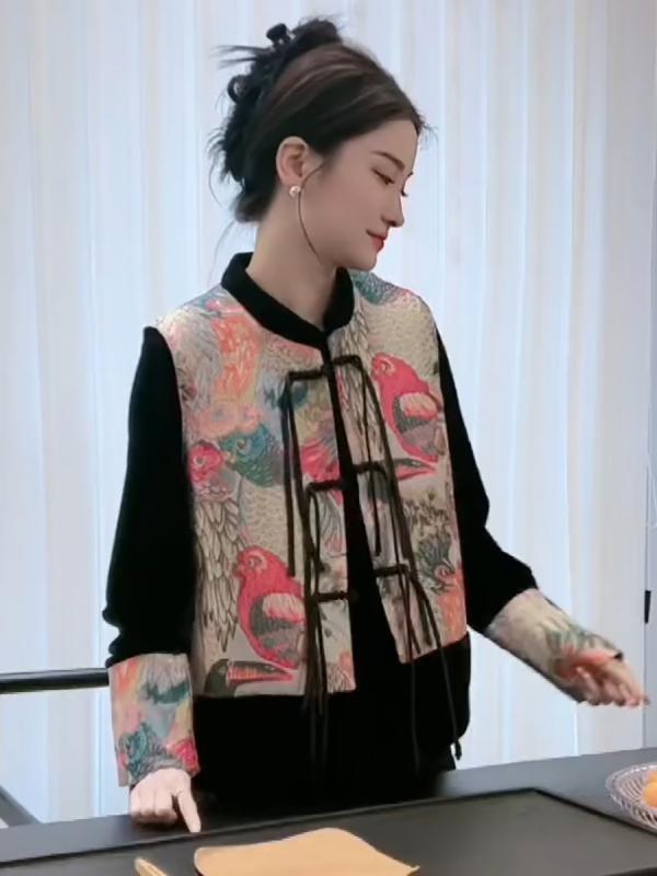ディスク バックル ベスト 女性用 スリム アウター ノースリーブトップ レトロ 花柄 唐 スーツ ジャケット