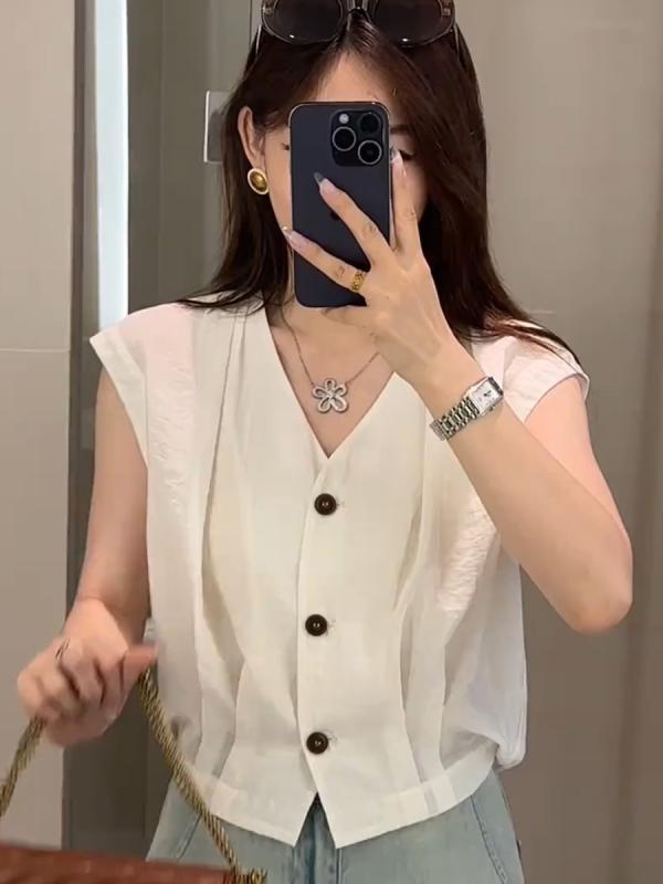 春 コーデ レディース ファッション オシャレ カワイイ シンプル きれいめ ナチュラル 上品カジュアル 婦人服 ハイエンド フライング スリーブ シャツ 夏 カジュアル Vネック トップス 半袖