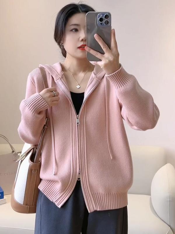 春 コーデ レディース ファッション オシャレ カワイイ シンプル きれいめ ナチュラル 上品カジュアル 婦人服 フード付き セーター ジャケット カジュアル ニット トップス カーディガン