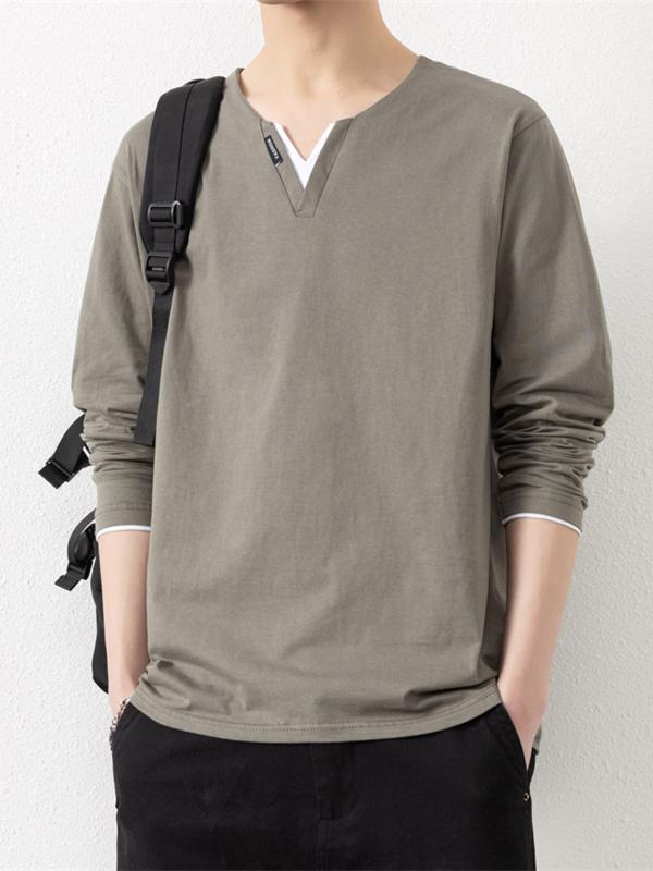 メンズ ファッション 服 男性用 オシャレ シンプル 大人 かっこいい ストリート 紳士服 Vネック 長袖 Tシャツ シンプル 綿 ベース シャツ ゆったり フェイクツーピース スウェット シャツ