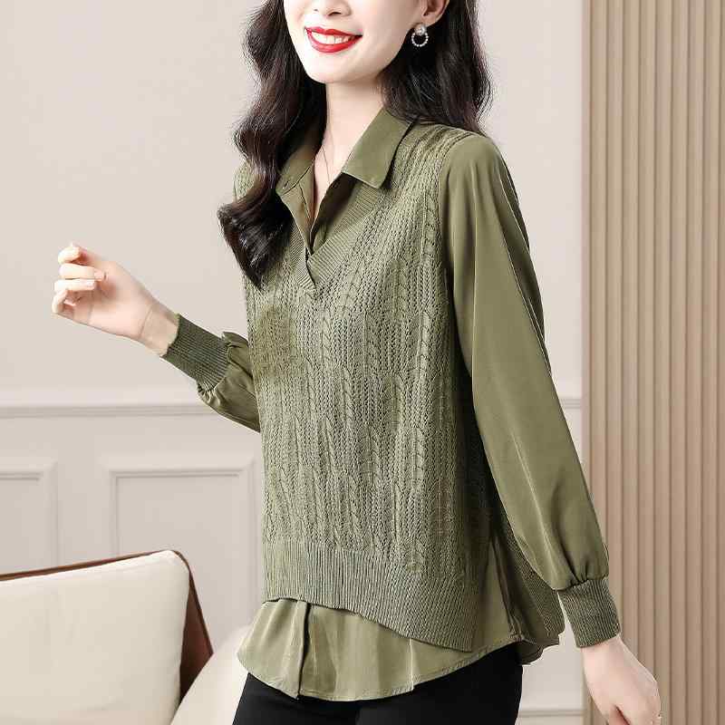 春 コーデ レディース ファッション オシャレ カワイイ シンプル きれいめ ナチュラル 上品カジュアル 婦人服 フェイク ツーピース ニット 長袖 シャツ ドレス ハイエンド ゆったり トップス