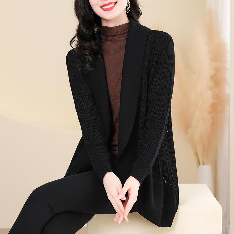春 コーデ レディース ファッション オシャレ カワイイ シンプル きれいめ ナチュラル 上品カジュアル 婦人服 トップス 黒 ニット カーディガン