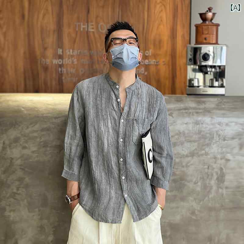 メンズ ファッション 服 男性用 オシャレ シンプル 大人 かっこいい 大きいサイズ ストリート 紳士服 レトロ 七分袖 リネンシャツ 夏 タイダイ柄 スタンドカラー カジュアル シャツ ジャケット|リコット