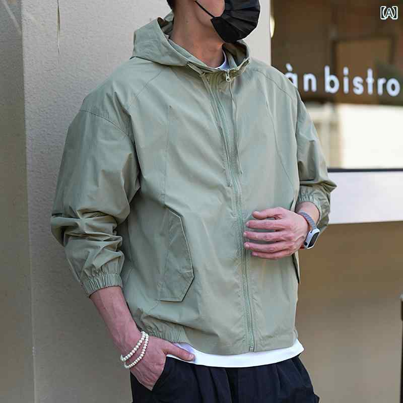 メンズ ファッション 服 男性用 オシャレ シンプル 大人 かっこいい 大きいサイズ ストリート 紳士服 シンプル 無地 フード付き 薄手 ジャケット 夏 通気性 スキン ジャケット|リコット