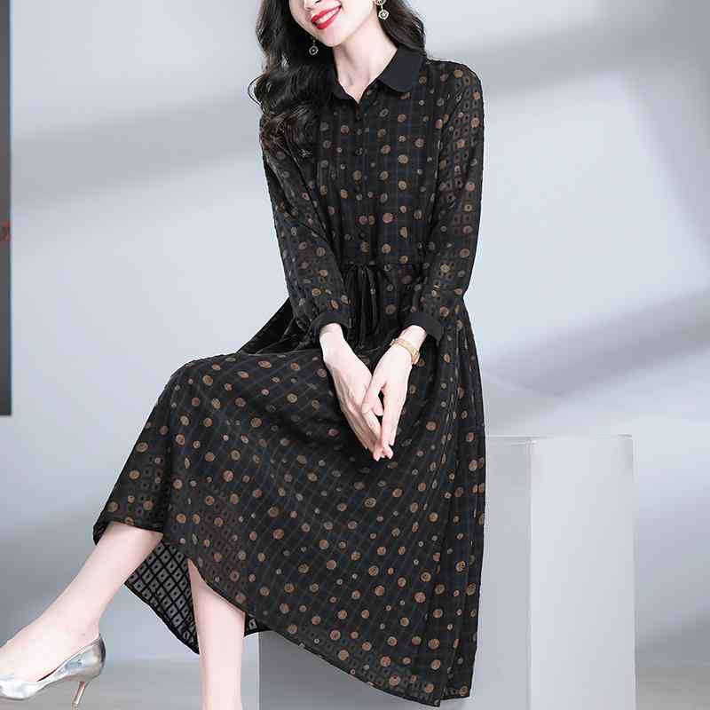 春 コーデ レディース ファッション オシャレ カワイイ シンプル きれいめ ナチュラル 上品カジュアル 婦人服 ハイエンド 洋風 長袖 ワンピース 水玉 シフォン ボトム スカート
